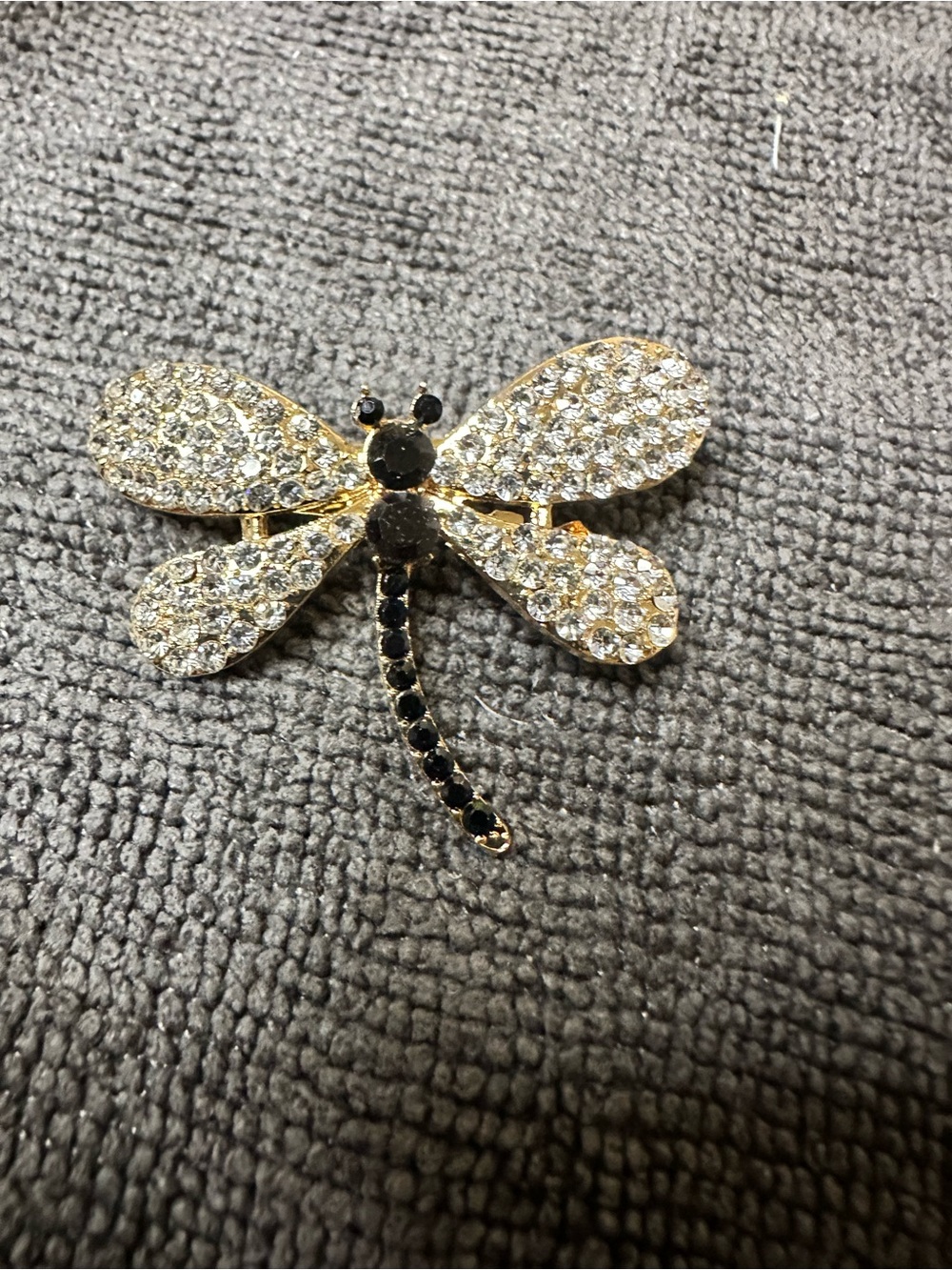 Unk Gold Tone Dragonfly Brooch with Clear and Black Crystals
